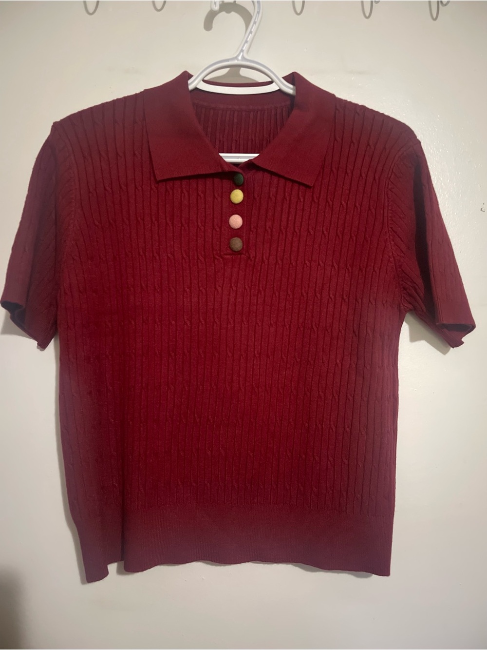 Crewneck Short-Sleeve Knit Top in Deep Red